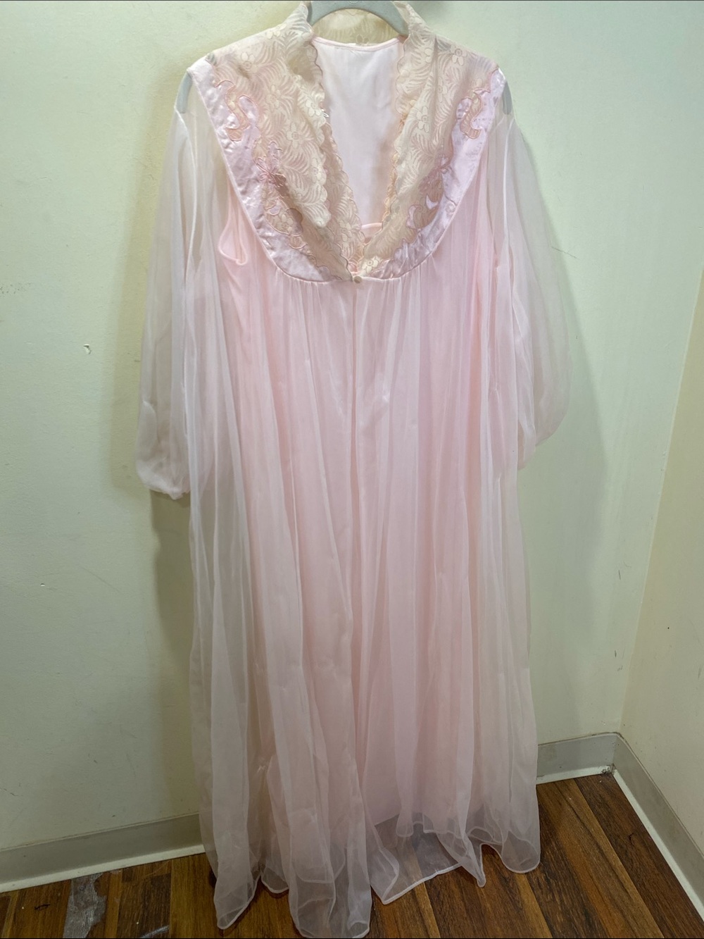 Vintage Sheer Pink Long Nightgown with Lace  Yoke  Fits L